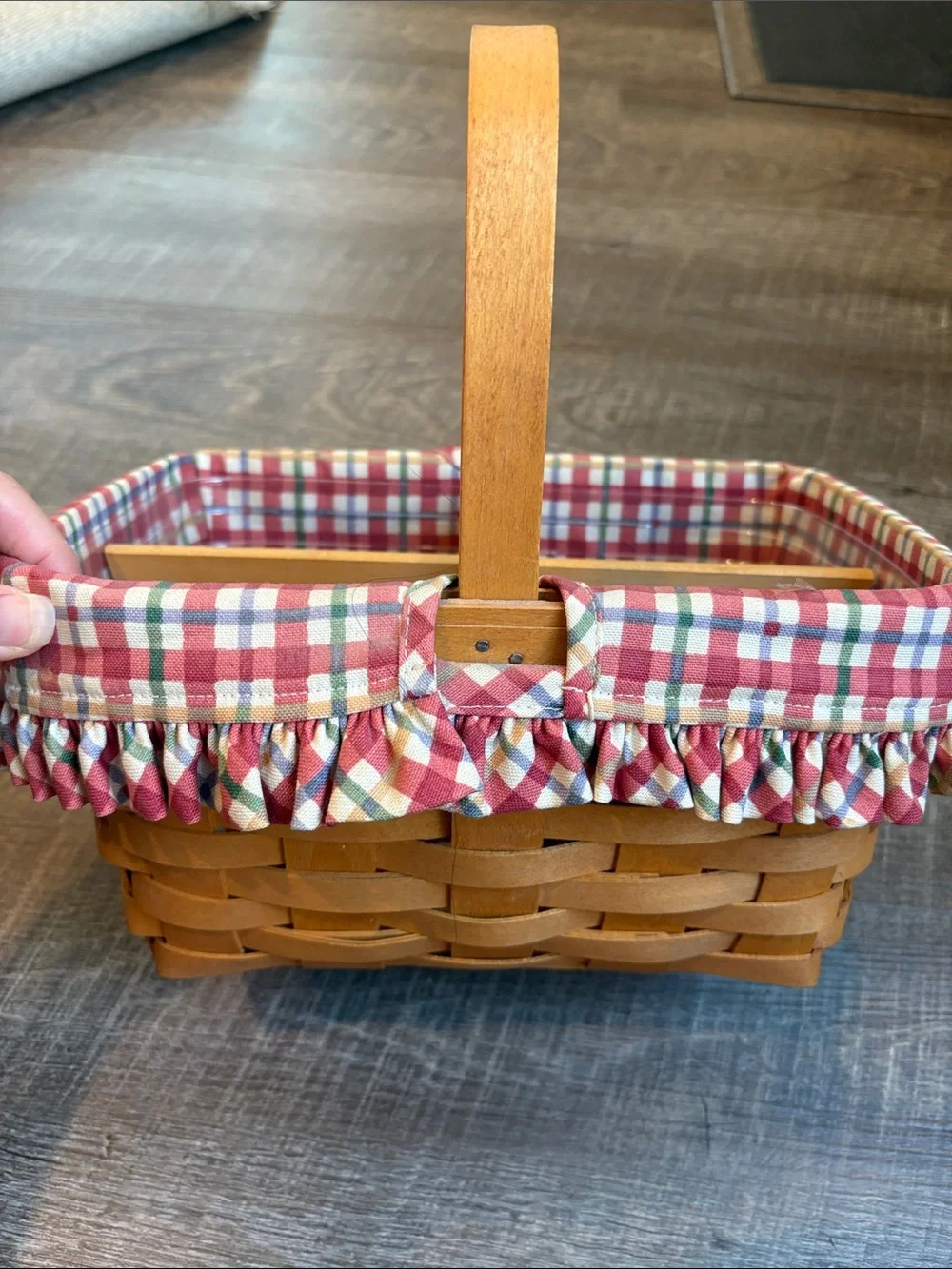Longaberger Woven Basket Red/White Plaid Liner Wooden Divider & Protector 2000